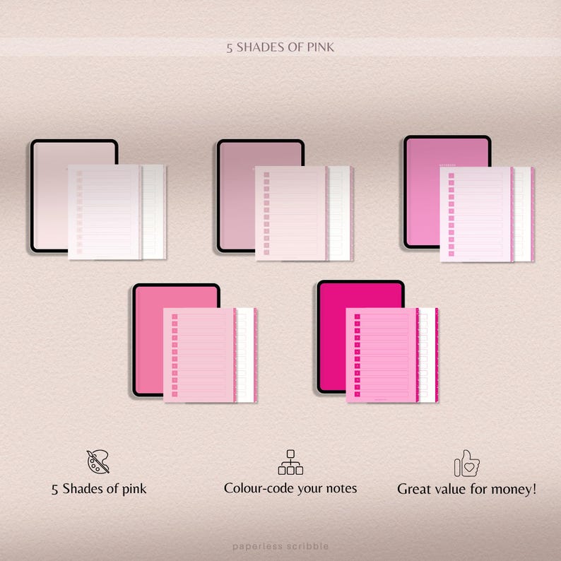 Op de afbeelding: Vijf digitale notitieblokken in verschillende roze tinten, elk met een geruit raster. De notitieblokken worden weergegeven op een tabletscherm. De tekst "5 SHADES OF PINK" staat bovenaan de afbeelding. De tekst "5 Shades of pink" staat linksonder in de afbeelding. De tekst "Colour-code your notes" staat onderin het midden van de afbeelding. De tekst "Great value for money!" staat rechtsonder in de afbeelding. De tekst "paperless scribbia" staat onderin het midden van de afbeelding.