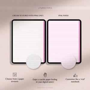 Op de afbeelding: Twee digitale papieropties voor het maken van notities: cr&egrave;mekleurig papier met roze lijnen en effen roze papier. Beide papiersoorten hebben een gestreept uiterlijk en worden weergegeven op een tabletscherm. De tekst "2 PAPER TYPES" staat bovenaan de afbeelding. De tekst "CREAM TEXTURED WITH PINK LINES" staat boven het cr&egrave;mekleurige papier. De tekst "PINK PAPER" staat boven het roze papier. De tekst "Choose from 3 paper textures" staat onder het cr&egrave;mekleurige papier. De tekst "Enjoy a tactile paper feeling in your digital notes!" staat onder het roze papier. De tekst "Customise like a 'real' notebook" staat onder het roze papier. De tekst "paperless scribble" staat onderaan de afbeelding.
