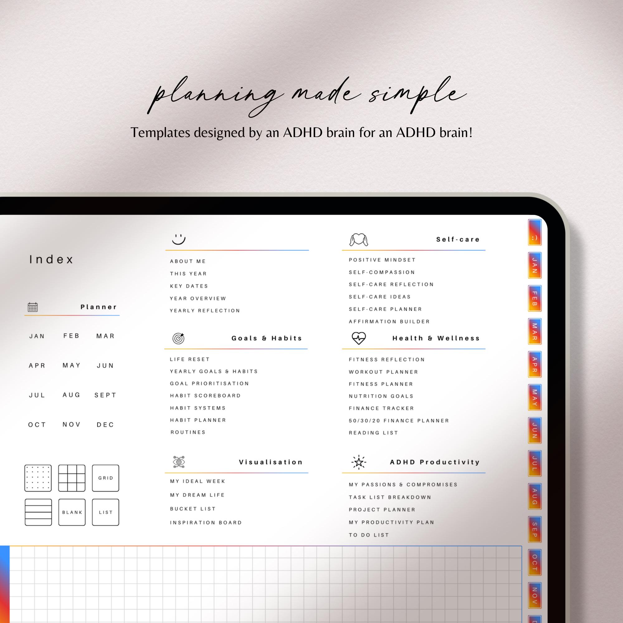 ADHD Digital Planner 2026 2027 2028, Rainbow Goodnotes & Notability ...