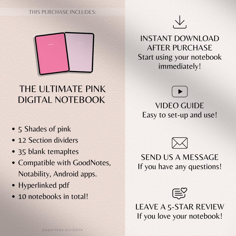 Op de afbeelding: Het ultieme roze digitale notitieboek bevat 5 roze tinten, 12 sectie-scheiders, 35 lege sjablonen en is compatibel met GoodNotes, Notability en Android-apps. Het bevat ook een gelinkte PDF en in totaal 10 notitieboekjes. Dit digitale notitieboek is direct na aankoop te downloaden.
