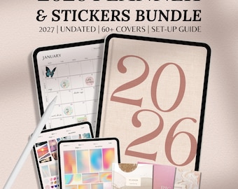 Digitale plannerbundel 2026 met stickers en covers, GoodNotes-sjabloon, iPad en Notability-kalender