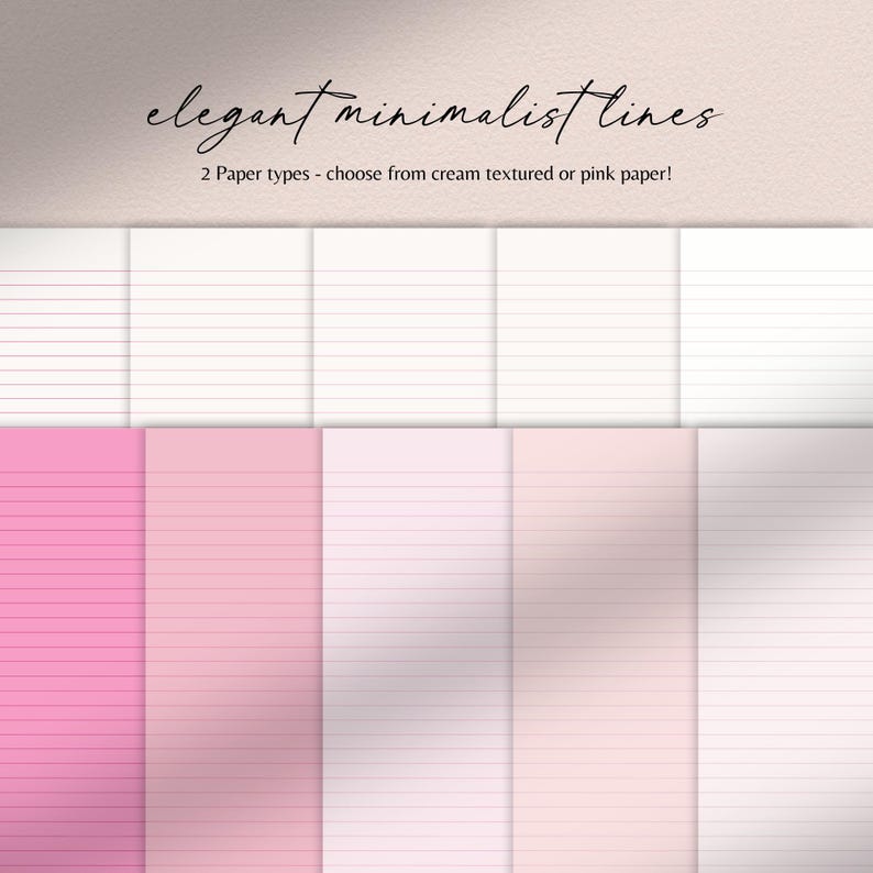 Op de afbeelding: Acht digitale papieren met dunne, horizontale lijnen. De bovenste vier vellen zijn wit met een subtiele cr&egrave;me textuur. De onderste vier vellen zijn roze met een verloop effect. De tekst "elegant minimalist lines" en "2 Paper types - choose from cream textured or pink paper!" staat bovenaan de afbeelding.