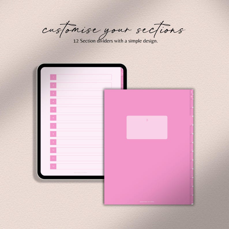 Op de afbeelding: Roze printbare plannerpagina met 12 sectie-scheiders. De pagina is verdeeld in 12 secties met lijnen om te schrijven. De tekst "customise your sections" staat bovenaan de pagina. De tekst "12 Section dividers with a simple design." staat onder de titel.