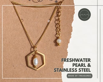 Golden necklace hexagon | Freshwater Pearl & Mother of Pearl Pendant | thin curb chain stainless steel (35, 40, 45cm) | Geometric shape