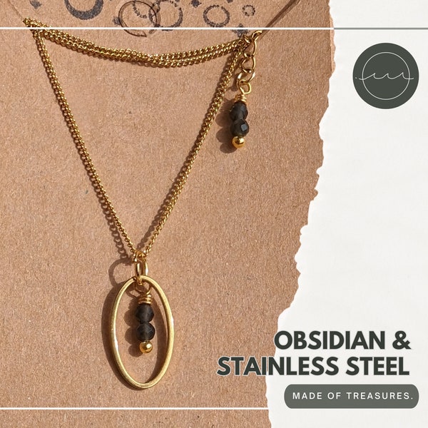 Goldene Obsidian Kette mit Anhänger | Dünne, kurze Curb-Kette Edelstahl | Geometrische Form: Oval | Minimalistisch, wasserfest, schwarz-gold