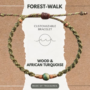 Macrame bracelet "ForestWalk" - African turquoise, wood and 18K gold-plated beads - micro macrame natural colors, customizable