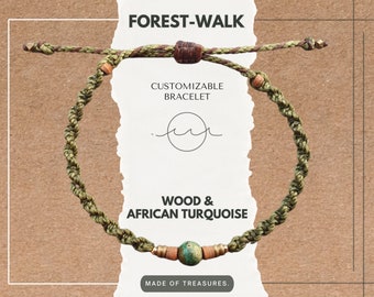 Makramee Armband "ForestWalk" - Afrikanischer Türkis, Holz und 18K vergoldete Perlen - Mikro Makramee Naturfarben, Personalisierbar