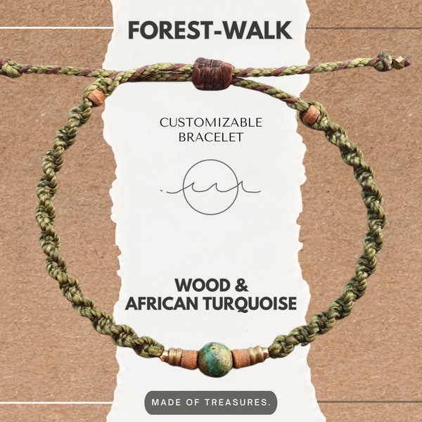 Makramee Armband "ForestWalk" - Afrikanischer Türkis, Holz und 18K vergoldete Perlen - Mikro Makramee Naturfarben, Personalisierbar