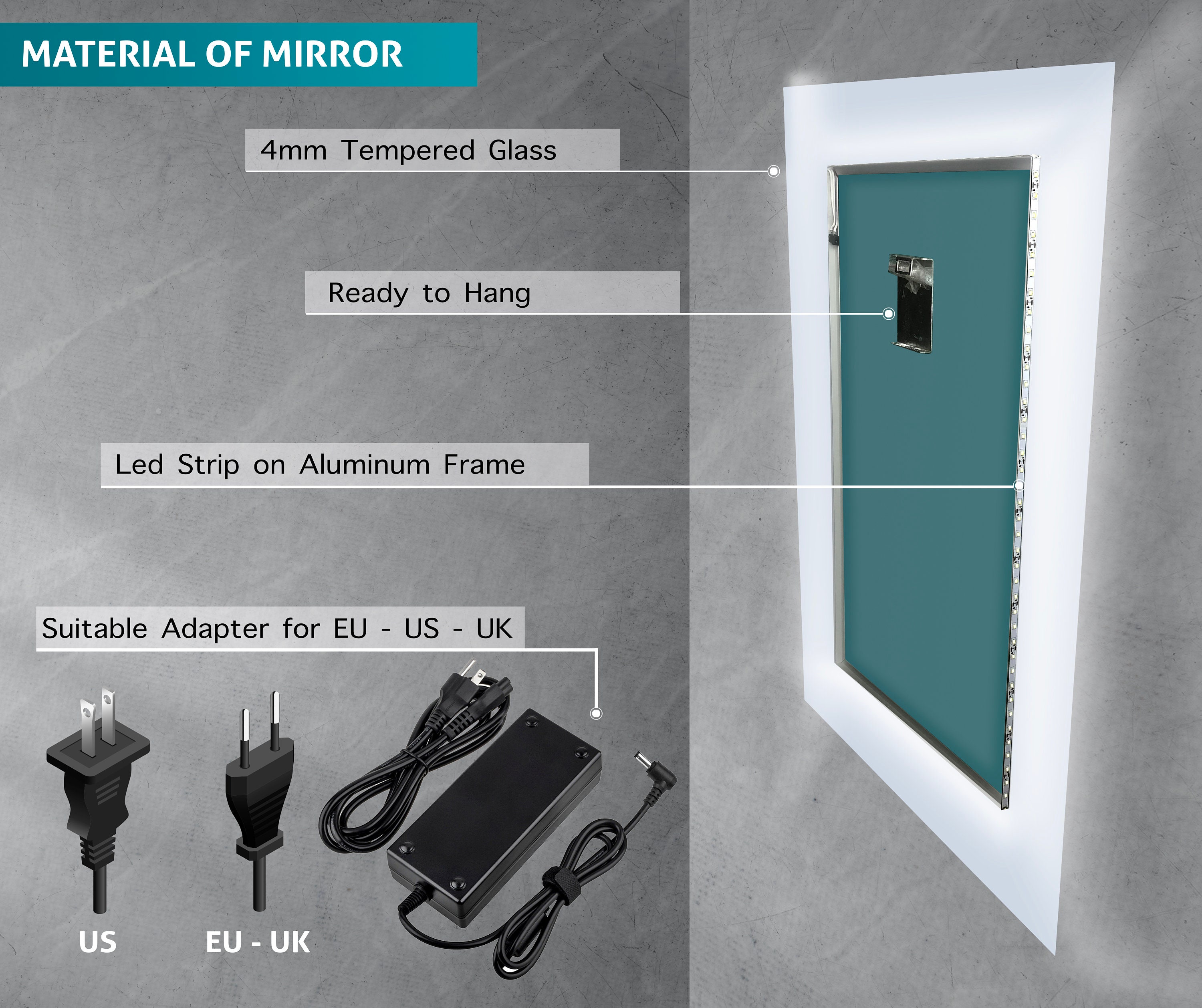Tempered Glass Wall Mirror With Led Lightsled Bathroom Mirror Etsy