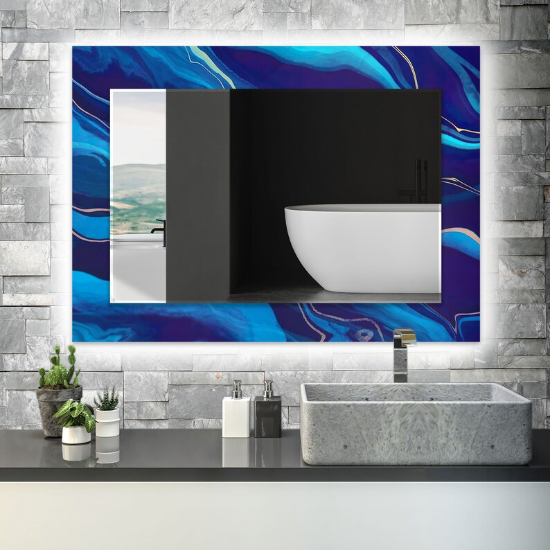 Blue Lighted Mirror Tempered Glass Wall Mirror With Led Etsy
