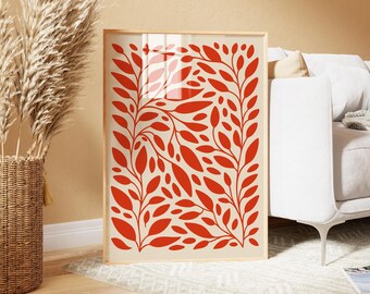 Minimalist Red Botanical Wall Art – Modern Leaf Pattern Print, Abstract Foliage Digital Download
