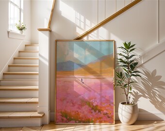 Walking the Dog in Wildflower Field Painting, Pink Floral Landscape Art, digital download