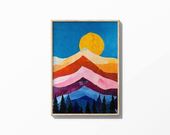 Dipinto colorato di montagna al tramonto - Arte murale naturalistica stampabile (download digitale)