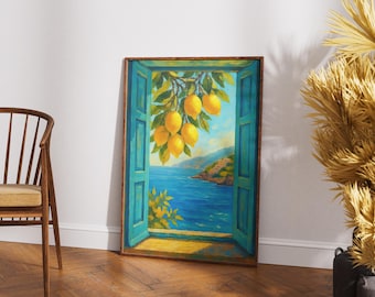 May include: A framed painting shows a coastal scene with a bright blue sea and sky. A cluster of yellow lemons hangs from a branch, framed by a turquoise window. The artwork evokes a Mediterranean aesthetic.