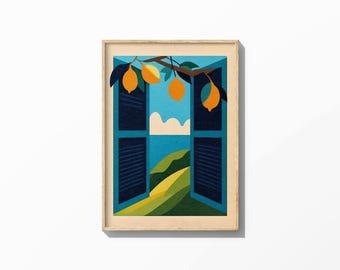 Mediterranean Lemon Window Art Print, Amalfi Coast Summer Coastal Kitchen Decor (Digital Download)