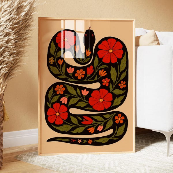 Rote Blumen Schlangen Illustration - Boho Schlangen Illustration