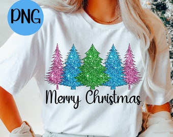 Feliz Natal Glitter Trees PNG Download digital instantâneo, 300 dpi, lindo inverno natal feriado santa camisa sublimação PNG