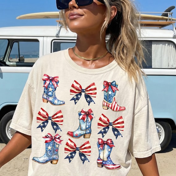 Western Boots PNG, Red White Blue Ribbons Bow USA Design, Western Girly 4th of July sublimation, Coquette American Boots PNG, Cowgirl Boots
