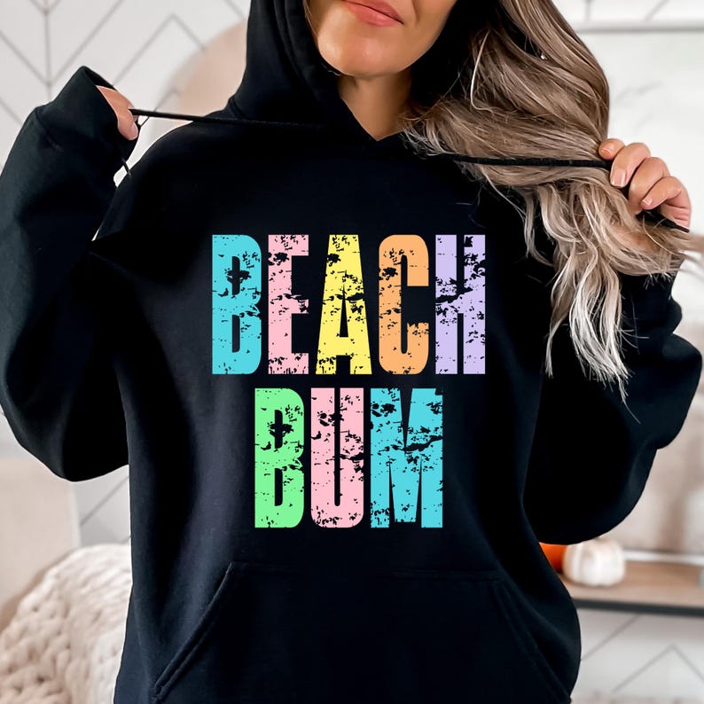 May include: Black hoodie with a colorful distressed graphic that says "Beach Bum".