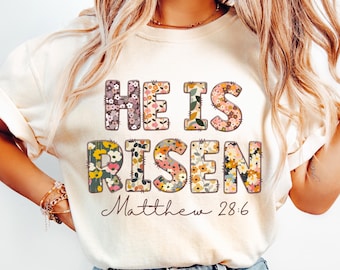 Él ha resucitado PNG Lindo diseño de camiseta de Pascua con flora, Pascua PNG, descarga digital Diseño de parche Pascua cristiana PNG Floral Primavera Mateo 28:6