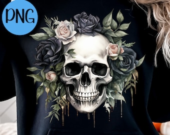 Rose Skull Halloween PNG Instant Digital Download for Sublimation, 300 dpi , Watercolor Halloween Floral Skull PNG
