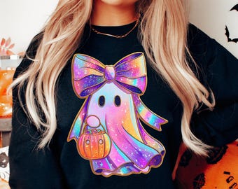 Leuk spook png, retro iriserend holografisch Halloween-neon spook png, trendy neon spookachtige sfeer png, schattig spook coquette png Girly Halloween