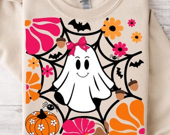 Cute Ghost Png, Halloween Ghost Pink Pumpkin Png, Boho Floral Fall Png, Halloween Png, Autumn Vibes Png, Spooky Season Png, Coquette Png