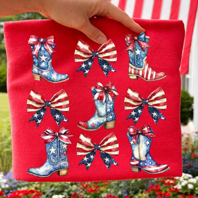 May include: A red tote bag featuring a pattern of cowboy boots and bows in patriotic colors. The boots are blue with white stars and red and white stripes. The bows have red and white stripes with blue star accents.