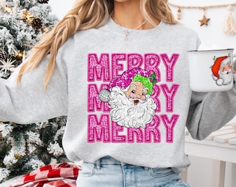 Merry Santa PNG Pailletten Glitter Kerst PNG Kerstshirtontwerp Sublimatie PNG, Kerstsublimatie, Retro kerstman png