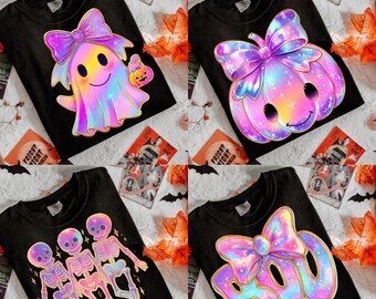 May include: Four black t-shirts with Halloween-themed designs. One shirt features a ghost with a bow and a pumpkin. Another displays a pumpkin with a bow. A third shirt shows three skeletons, and the last one says "BOO" with a bow.