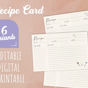 Editable Printable Recipe Card Template Simple Recipe Card Editable Modern Recipe Card Printable Recipe Card Personalized Recipe Card Print