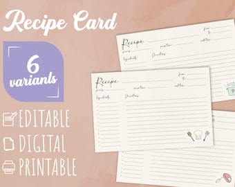 Editable Printable Recipe Card Template Simple Recipe Card Editable Modern Recipe Card Printable Recipe Card Personalized Recipe Card Print