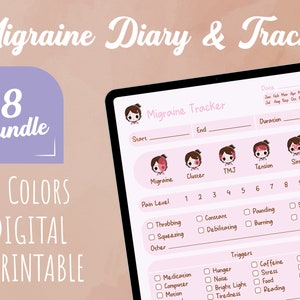 May include: A pink and white digital printable migraine tracker with a cute cartoon character. The tracker includes sections for start and end times, duration, pain level, triggers, and type of headache. The tracker is designed to help people track their migraines and identify potential triggers.