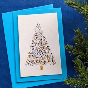 Biglietto di auguri per l'albero di Natale fatto a mano, biglietto di auguri minimalista per le feste, biglietto di Natale blu e oro
