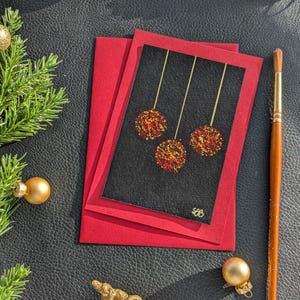 Hand painted Christmas Baubles Card,  Minimalist Holiday Greeting Card, Black and Red Christmas Card, Elegant Christmas Gift