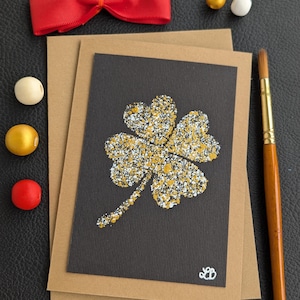 Carte trèfle porte-bonheur faite main, nouvel emploi, carte porte-bonheur nouveau chapitre, nouvelle maison, cadeau porte-bonheur, carte en or noir