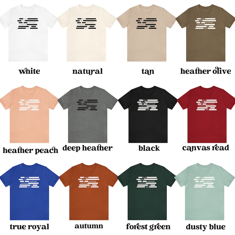 Op de afbeelding: Een mockup van een t-shirt met de tekst "Ik ben geen overheid, ik ben een programmeur" in witte tekst op een verscheidenheid aan gekleurde t-shirts. De kleuren omvatten wit, naturel, bruin, heide olijf, heide perzik, diep heide, zwart, canvas rood, echt koninklijk blauw, herfst, bosgroen en stoffig blauw.