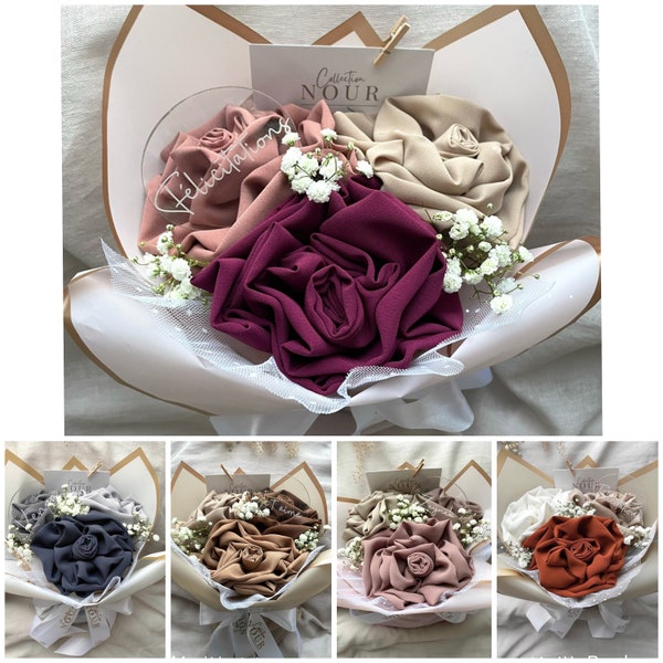 Bouquet 3 hijabs en soie de medine avec personnalisation offerte (Livraison standard via MONDIAL RELAY)