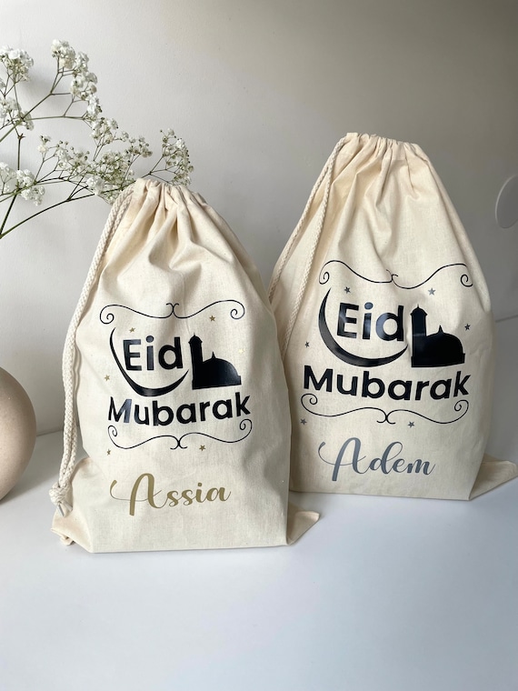 Grand sac cadeaux Eid Mubarak personnalisé | sac cadeaux Aid | pochon cadeaux enfant | Sac Eid en tissu coton