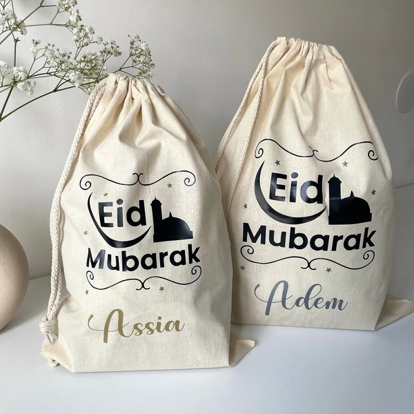 Grand sac cadeaux Eid Mubarak personnalisé | sac cadeaux Aid | pochon cadeaux enfant | Sac Eid en tissu coton