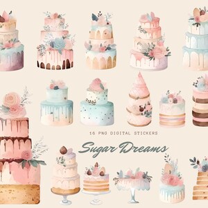 Sugar Dreams digitale Kuchenaufkleber - Set von 16 transparenten pngs - Aquarell-Aufkleber - Goodnotes-Aufkleber - onenote-aufkleber