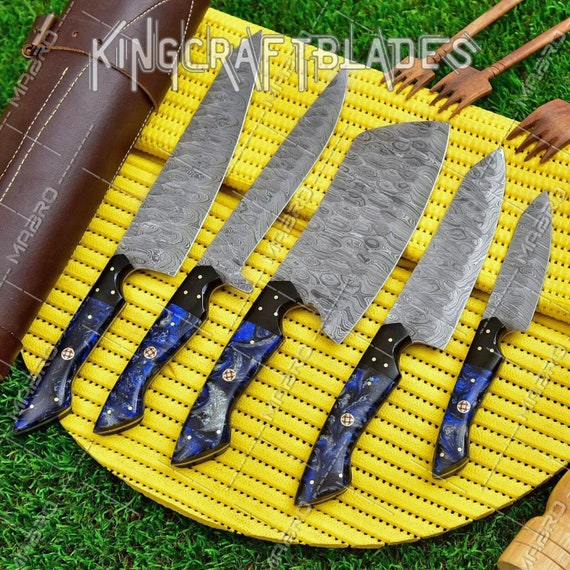 Handmade Damascus Steel Kitchen Knife Set Epoxy Resin Handle 5PCS  Hand-forged Damascus Steel With Leather Roll Kit Gift for Him/her 