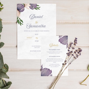 Set di inviti di nozze floreali viola: modello Canva modificabile (download digitale)