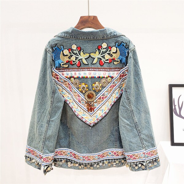 Korean-Inspired Denim Jacket with Boho Embroidery and Chain Tassels - Light Blue Loose-Fit Women's Coat - Timeless - Trendy - Iconic