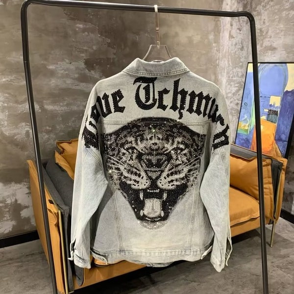 Fashionable Denim Jacket with Leopard Head Embroidery and Eye-Catching Drilling - Timeless - Trendy - Iconic - Unisex
