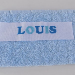 On order customizable terry towel, first name and or patterns of your choice, hand embroidered, cross stitch, blue color.