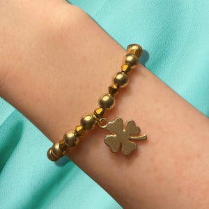Solid Gold Shamrock Charm Beaded Bracelet | Lucky Clover | Handmade
