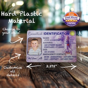 May include: A custom Connecticut ID card made of hard plastic. The card features a photo of a young boy, with details including name, address, and date of birth. The card measures 3.375 inches by 2.125 inches.