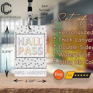 Set of 5 Boho Vibes Theme Classroom Hall Passes for Teachers, Personalized Teacher Gift With Lanyards Classroom Decor White #127