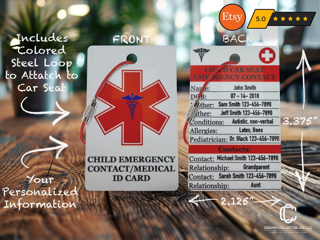 New Parent Safety Car Seat Emergency Card Baby Emergency ID Tag Mom ...